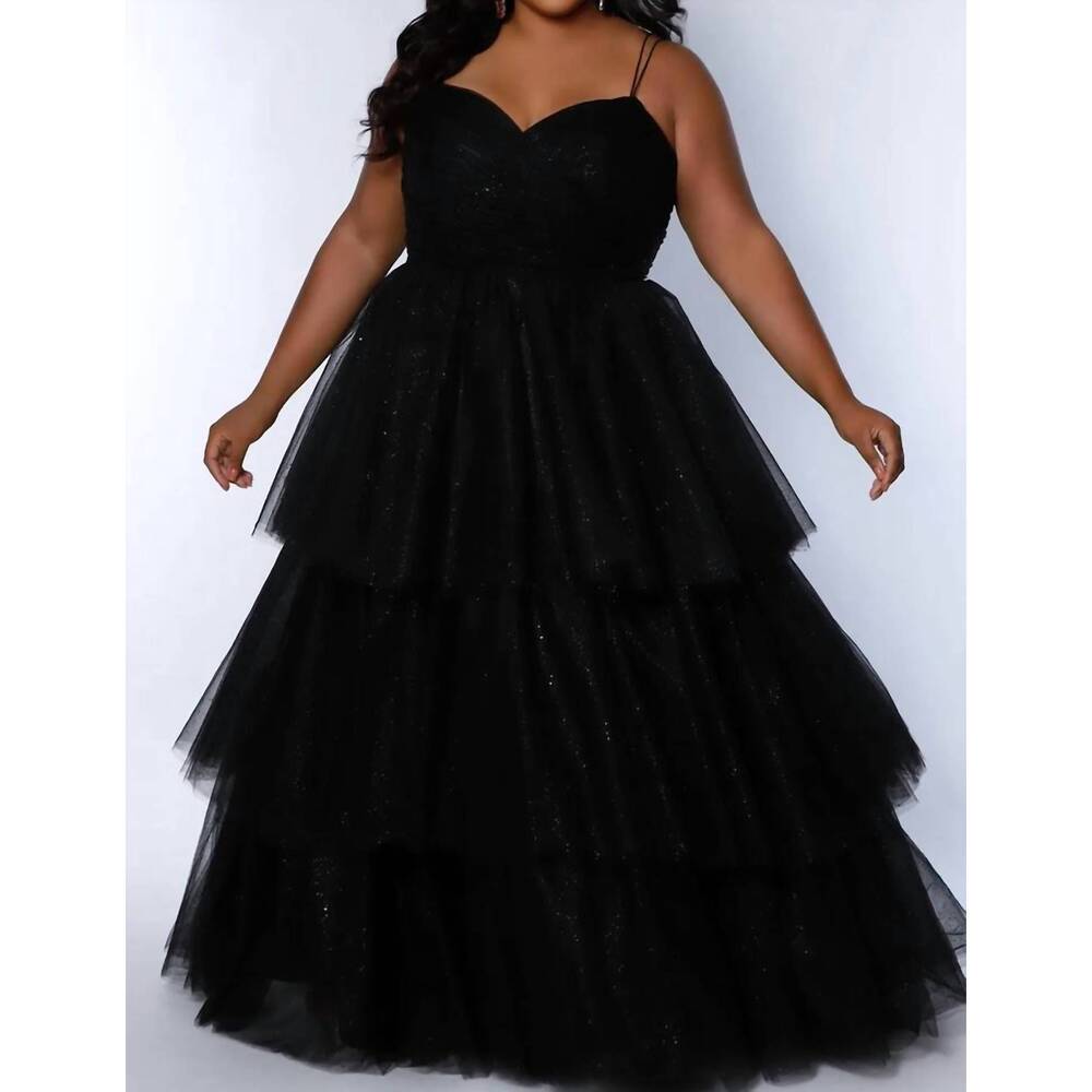 NEW SYDNEY'S CLOSET glitter tiered ball gown in black